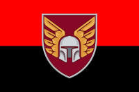 Прапор 46 ОАеМБр з новим знаком бригади Червоно-чорний