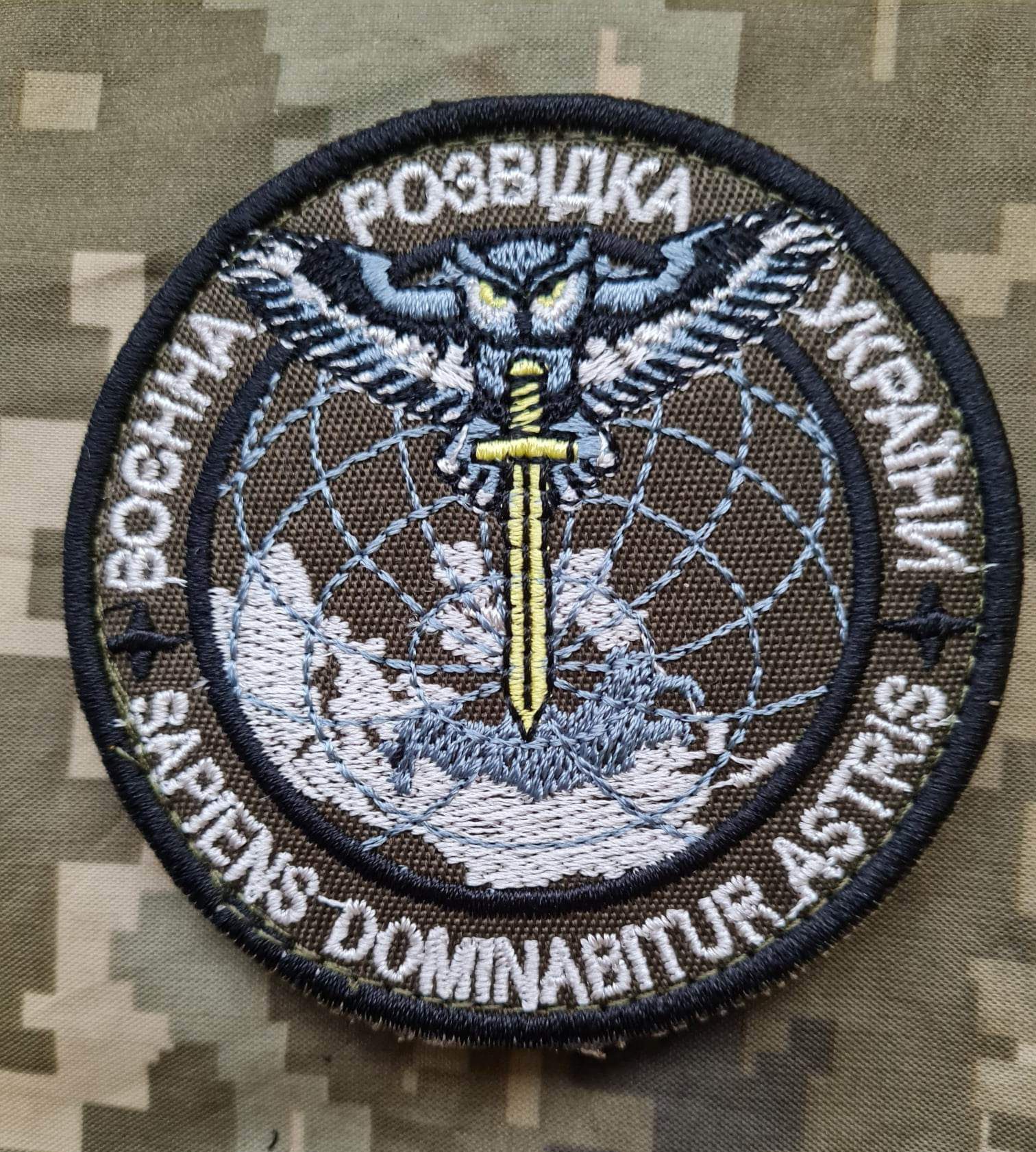 Шеврон Воєнна Розвідка України. Знак Сова з мечем (койот)
